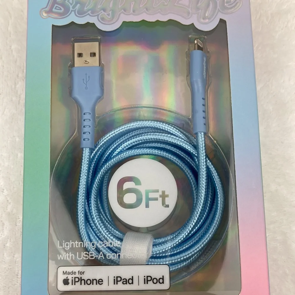Bright Life USB-A Blue Lightning Cable for iPhone, iPad, iPod 6 ft. New